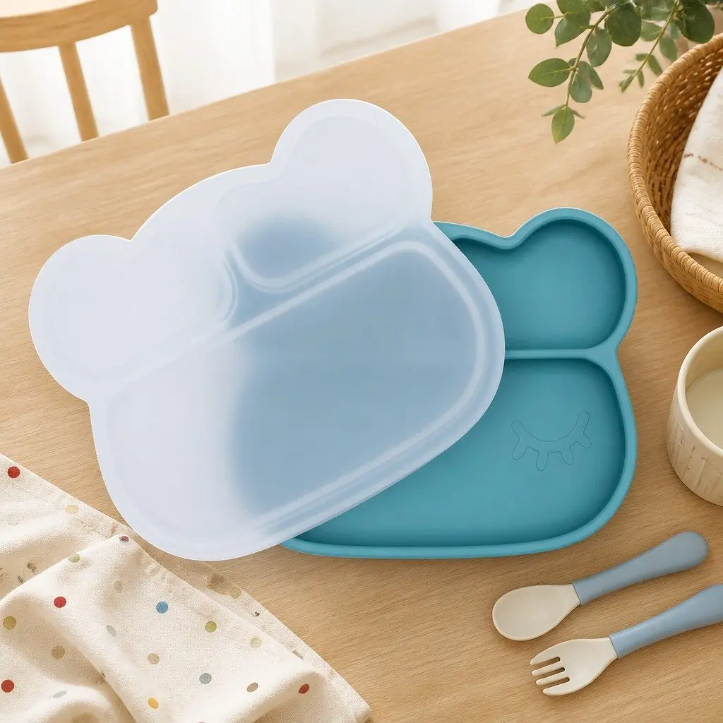Kids Stickie Plate with Suction Base Three Section Divided Toddler Feeding Dish
