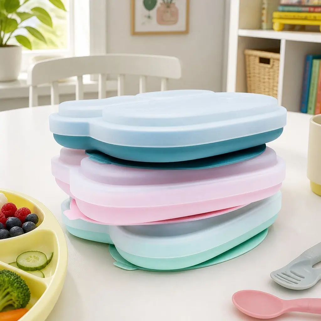 Kids Stickie Plate with Suction Base Three Section Divided Toddler Feeding Dish