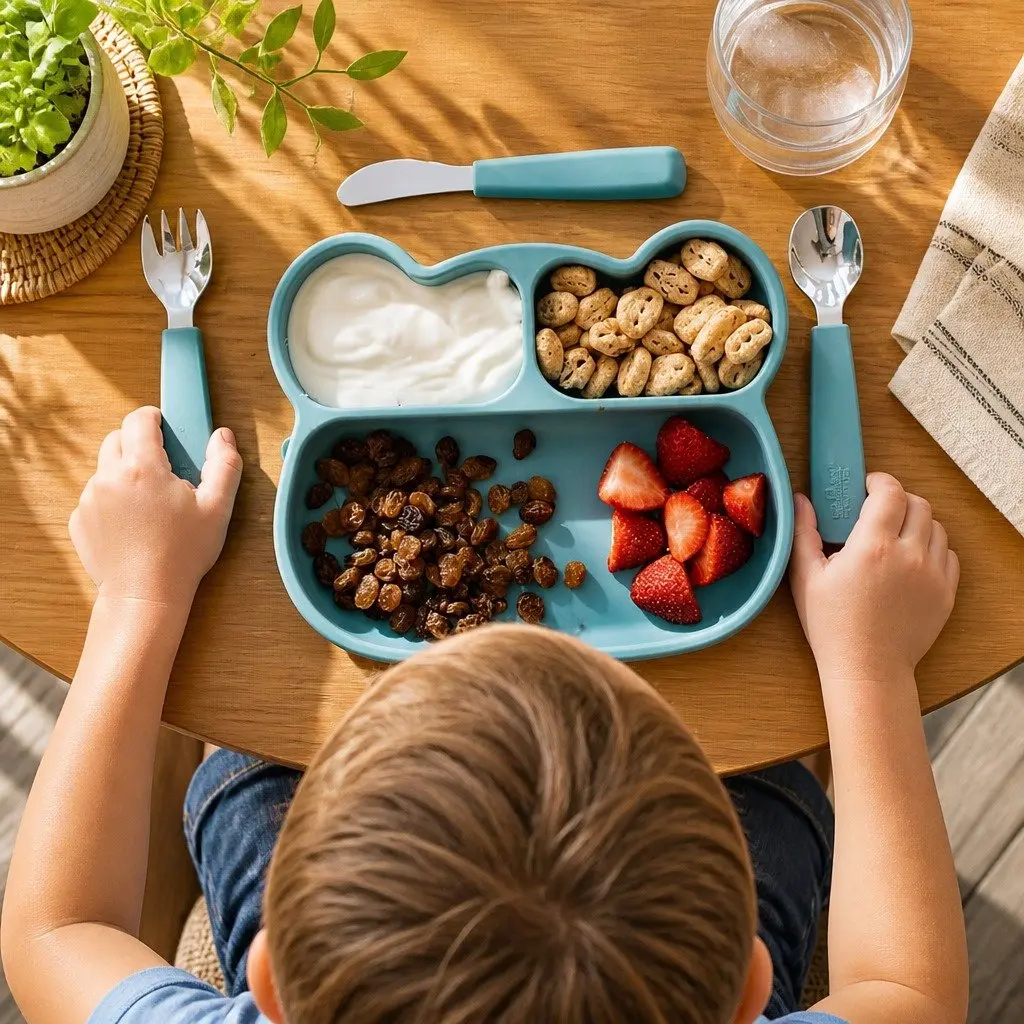 Kids Stickie Plate with Suction Base Three Section Divided Toddler Feeding Dish