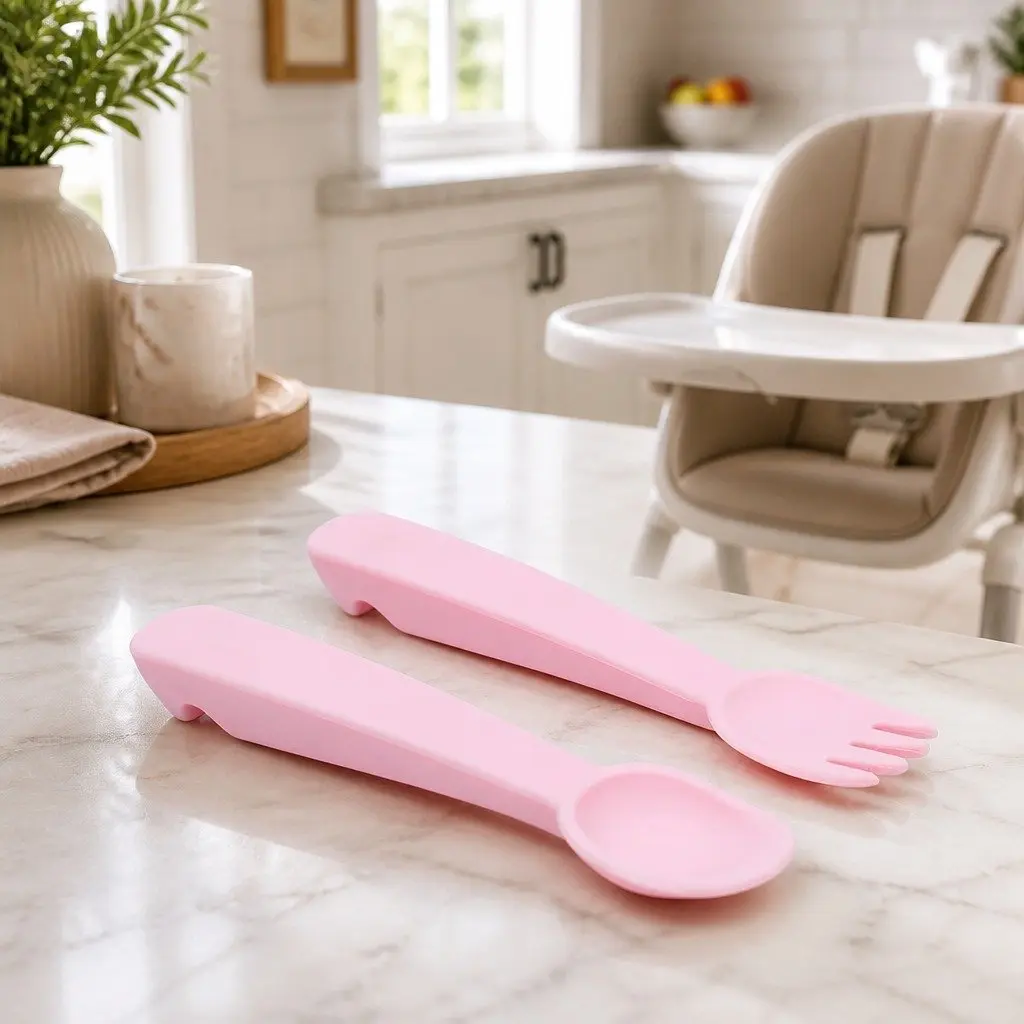 Baby Fork and Spoon Set Self-Feeding Utensils Powder Pink with Travel Case