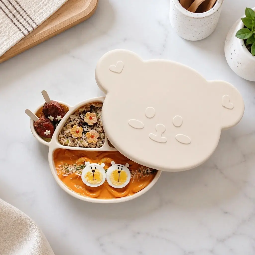 Silicone Suction Food Plate with Lid Baby Feeding Compartments Toddler Weaning