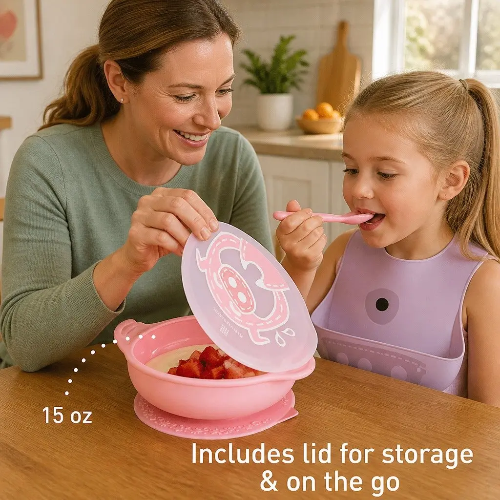 Suction Bowl with Lid Self Feeding Toddler Dinnerware 171 x 141 mm Green