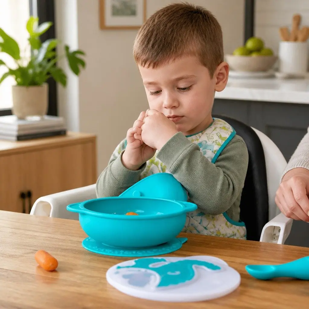 Suction Bowl with Lid Self Feeding Toddler Dinnerware 171 x 141 mm Green