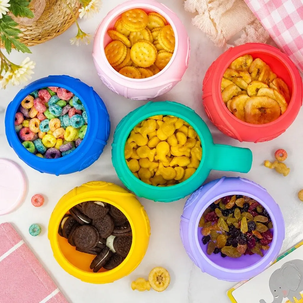 Toddler Snack Bowl Green Small Handle Spill-Proof Lid Reach-Through Opening