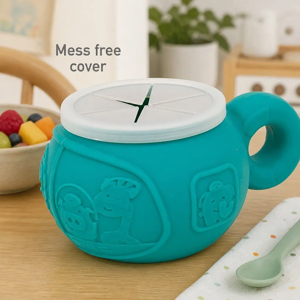 Toddler Snack Bowl Green Small Handle Spill-Proof Lid Reach-Through Opening