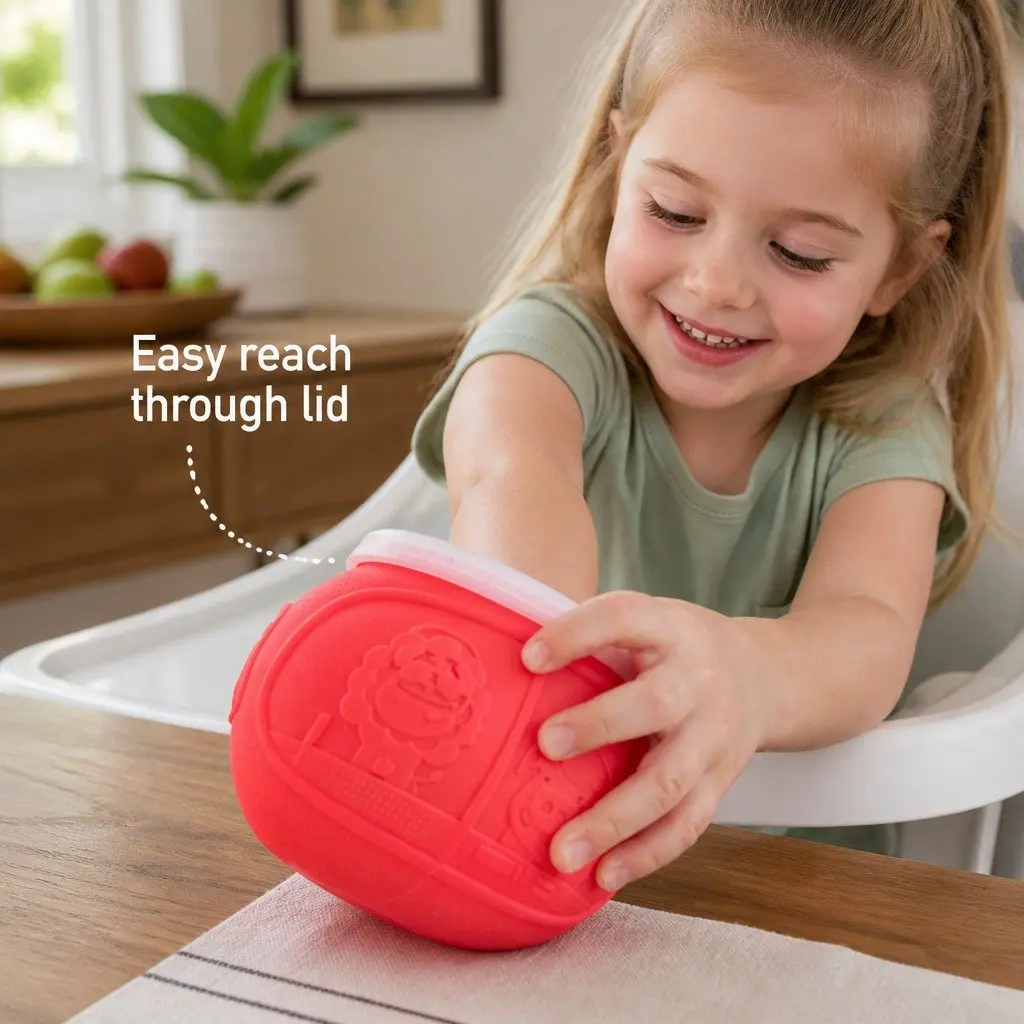 Toddler Snack Bowl Green Small Handle Spill-Proof Lid Reach-Through Opening