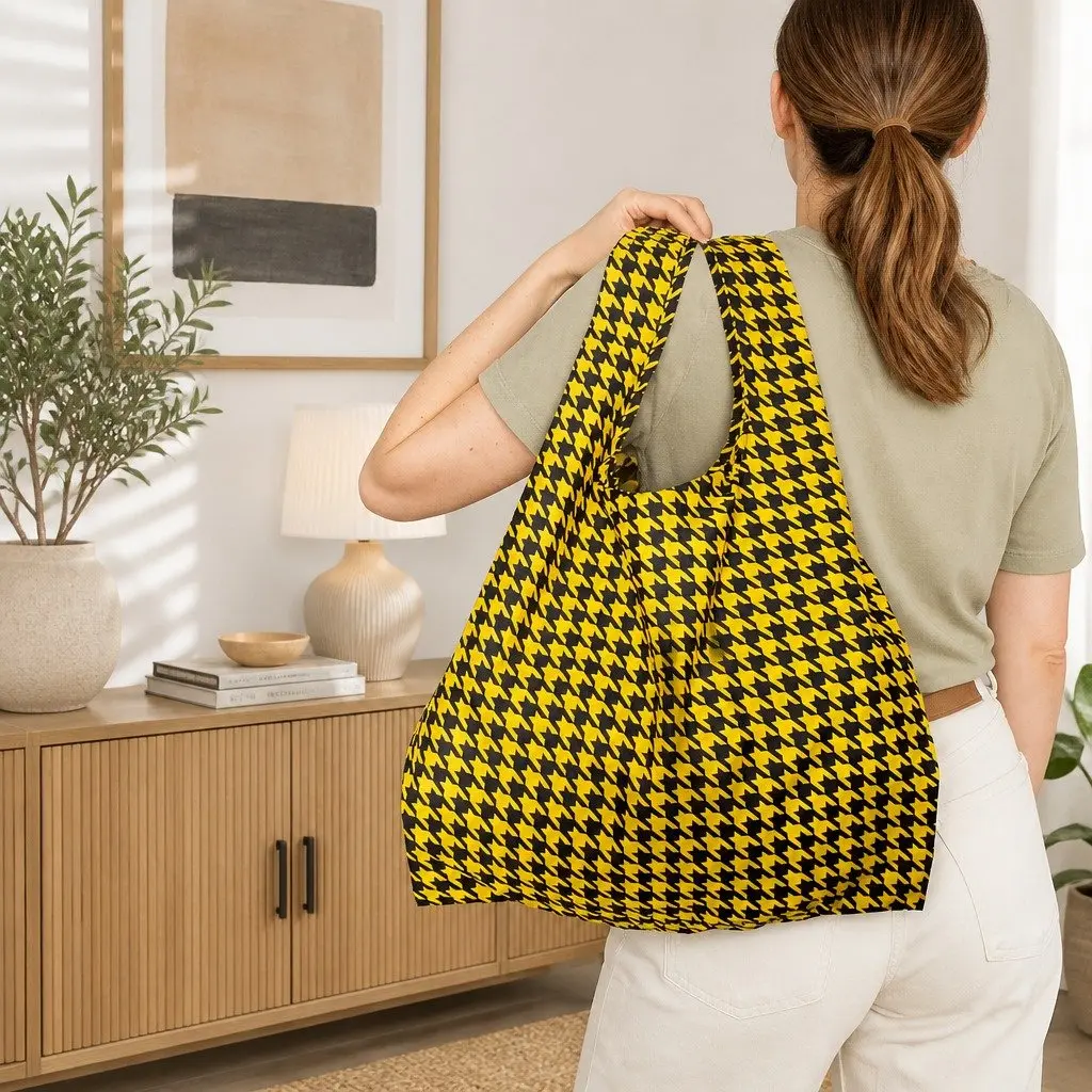 Reusable Shopping Bag Medium Dogtooth Pattern Foldable Grocery Tote
