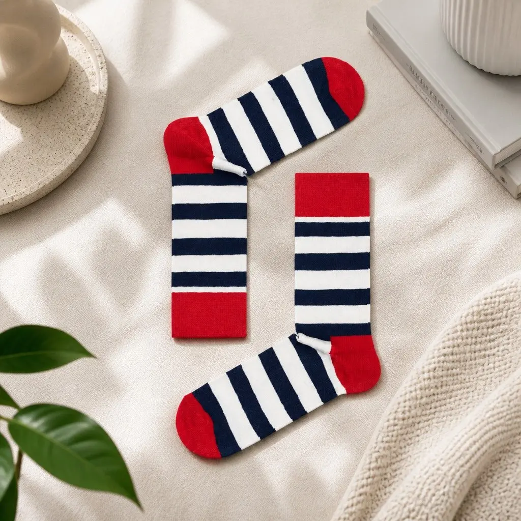 Adult Stripe Socks Size 36-40 Navy White Cotton Comfortable Everyday Wear