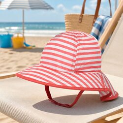 Warm and Cozy Infant Sun Hat with UPF50+ in Coral White Stripe