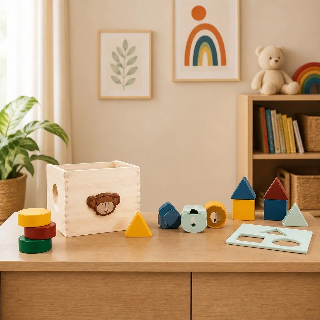 Wooden Educational Shape Sorter Toy Geometric Blocks Multicolour 15cm