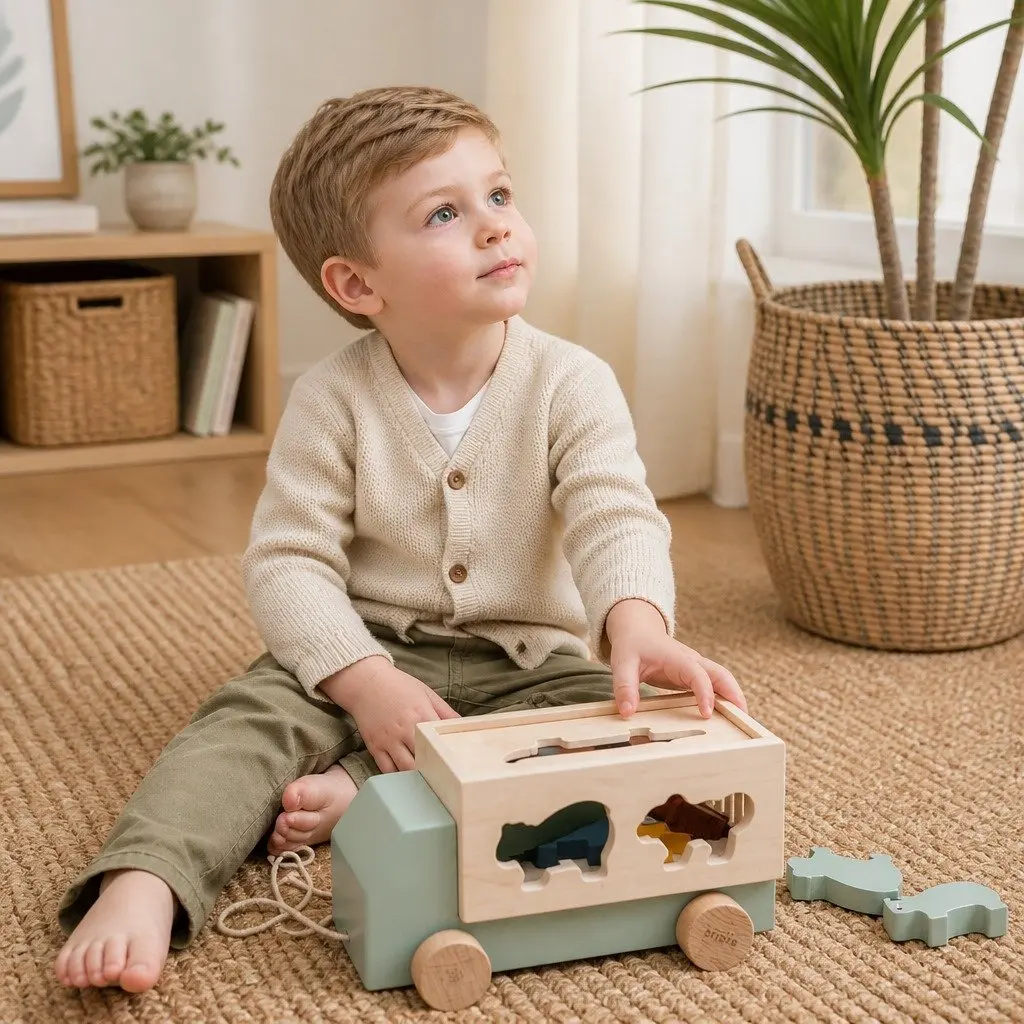 Wooden Pull Along Truck Toy Animal Puzzle Game with 5 Figures 13x23x12cm