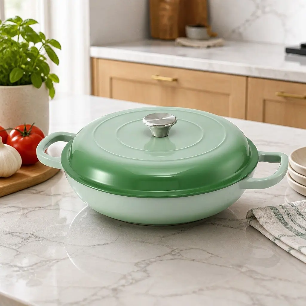 Enameled Cast Iron Dutch Oven Pot 3.3L Green for Bread Baking Braising Stewing
