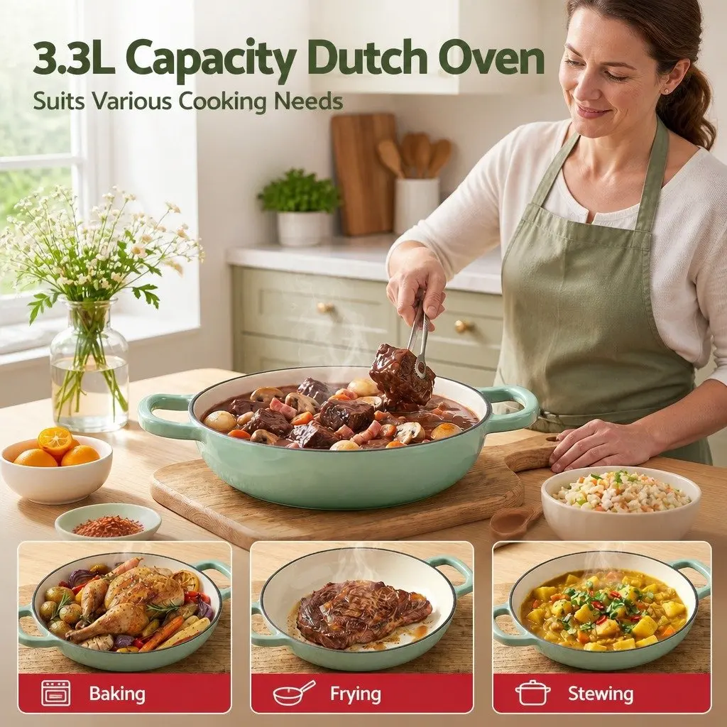 Enameled Cast Iron Dutch Oven Pot 3.3L Green for Bread Baking Braising Stewing