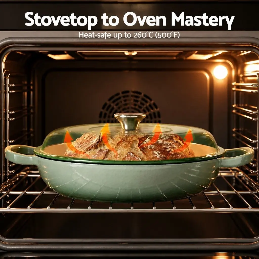 Enameled Cast Iron Dutch Oven Pot 3.3L Green for Bread Baking Braising Stewing