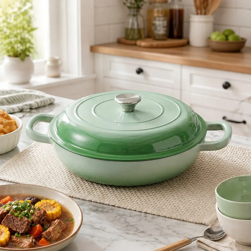 Enameled Cast Iron Dutch Oven Pot 3.3L Green for Bread Baking Braising Stewing