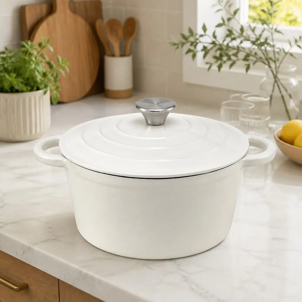 Enameled Cast Iron Dutch Oven Pot 3.8L Braising Stewing Roasting Baking White