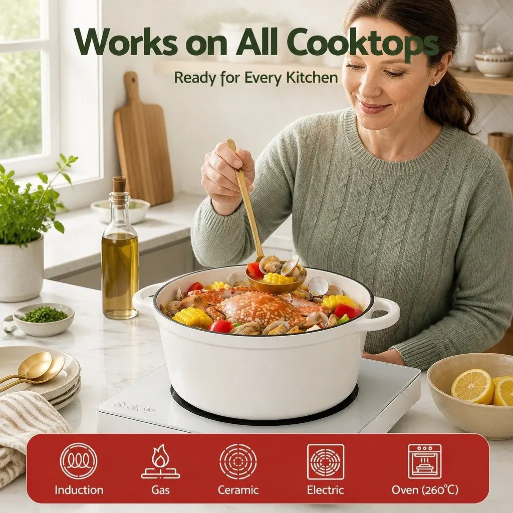 Enameled Cast Iron Dutch Oven Pot 3.8L Braising Stewing Roasting Baking White