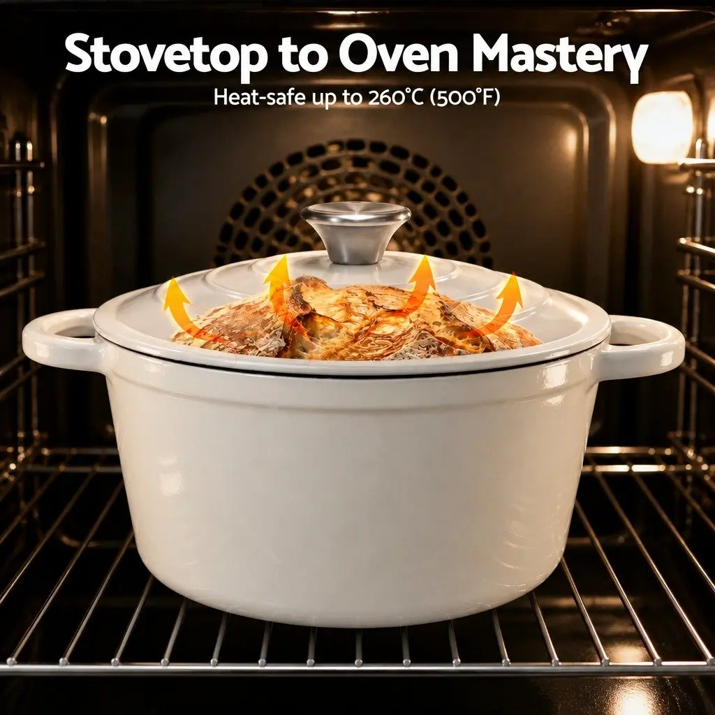 Enameled Cast Iron Dutch Oven Pot 3.8L Braising Stewing Roasting Baking White