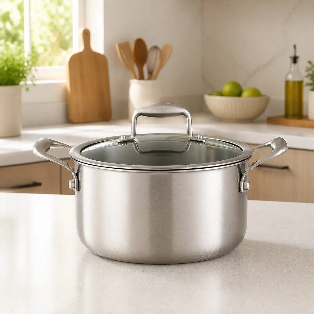 Dutch Oven Pot 4.5L Stainless Steel Cookware Stay-Cool Handle Silver