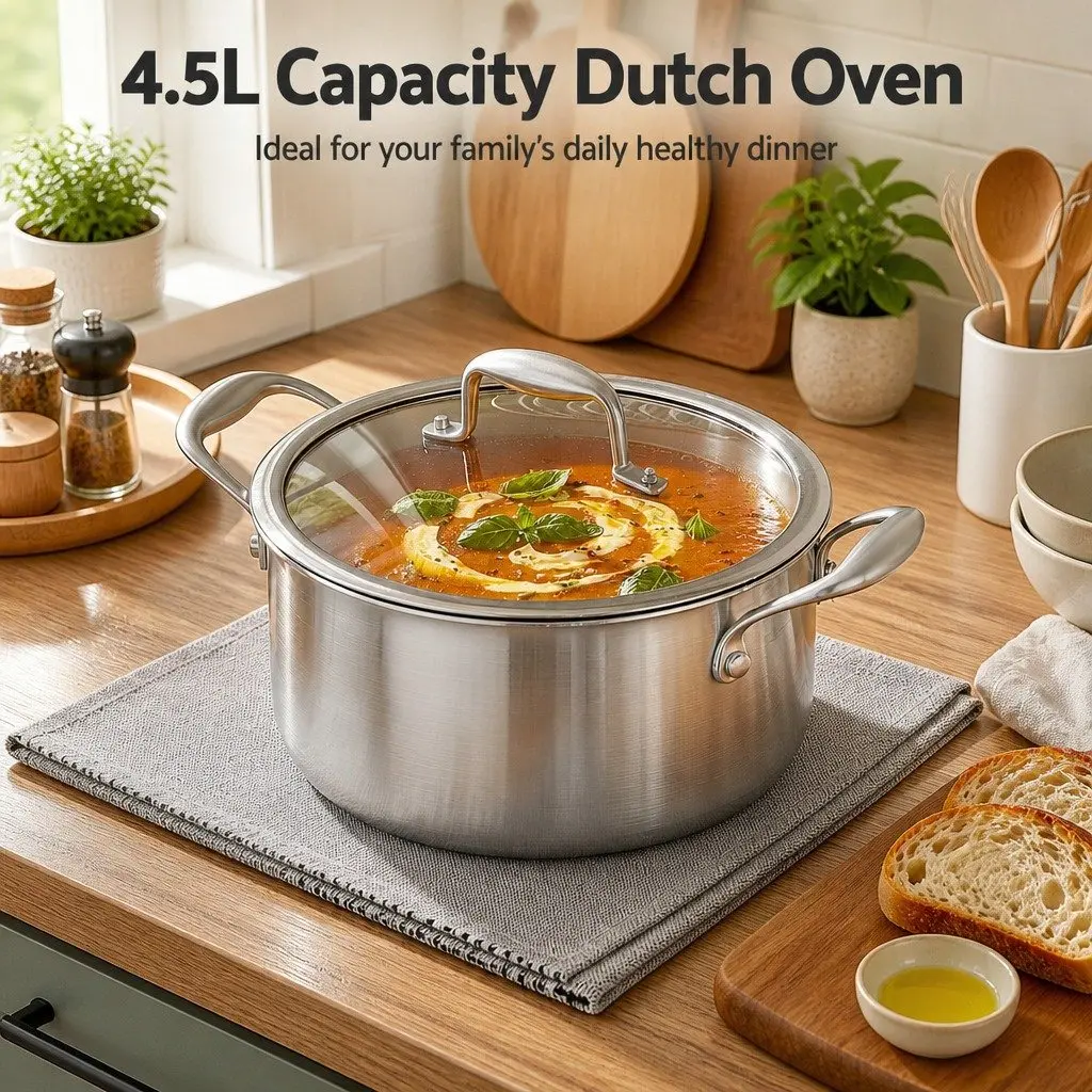 Dutch Oven Pot 4.5L Stainless Steel Cookware Stay-Cool Handle Silver
