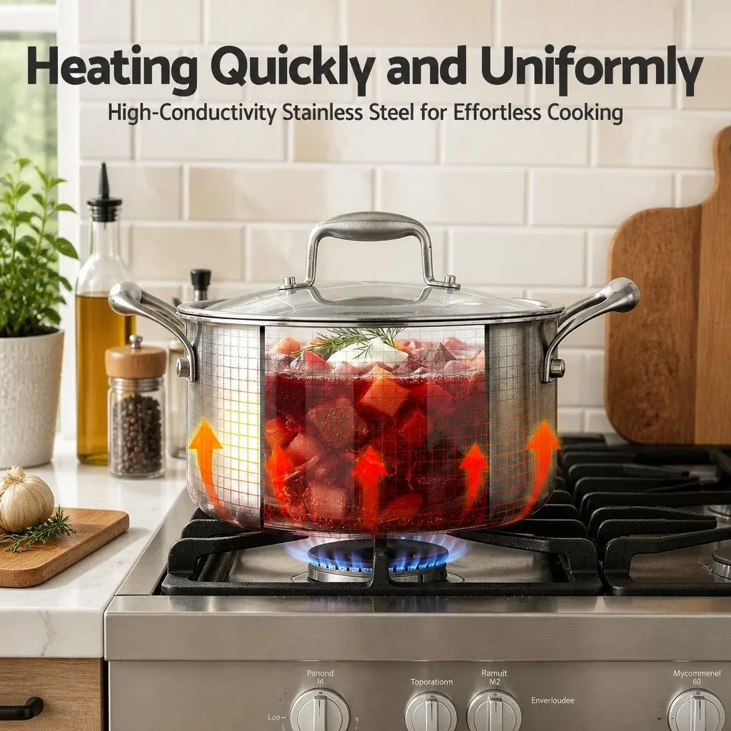Dutch Oven Pot 4.5L Stainless Steel Cookware Stay-Cool Handle Silver