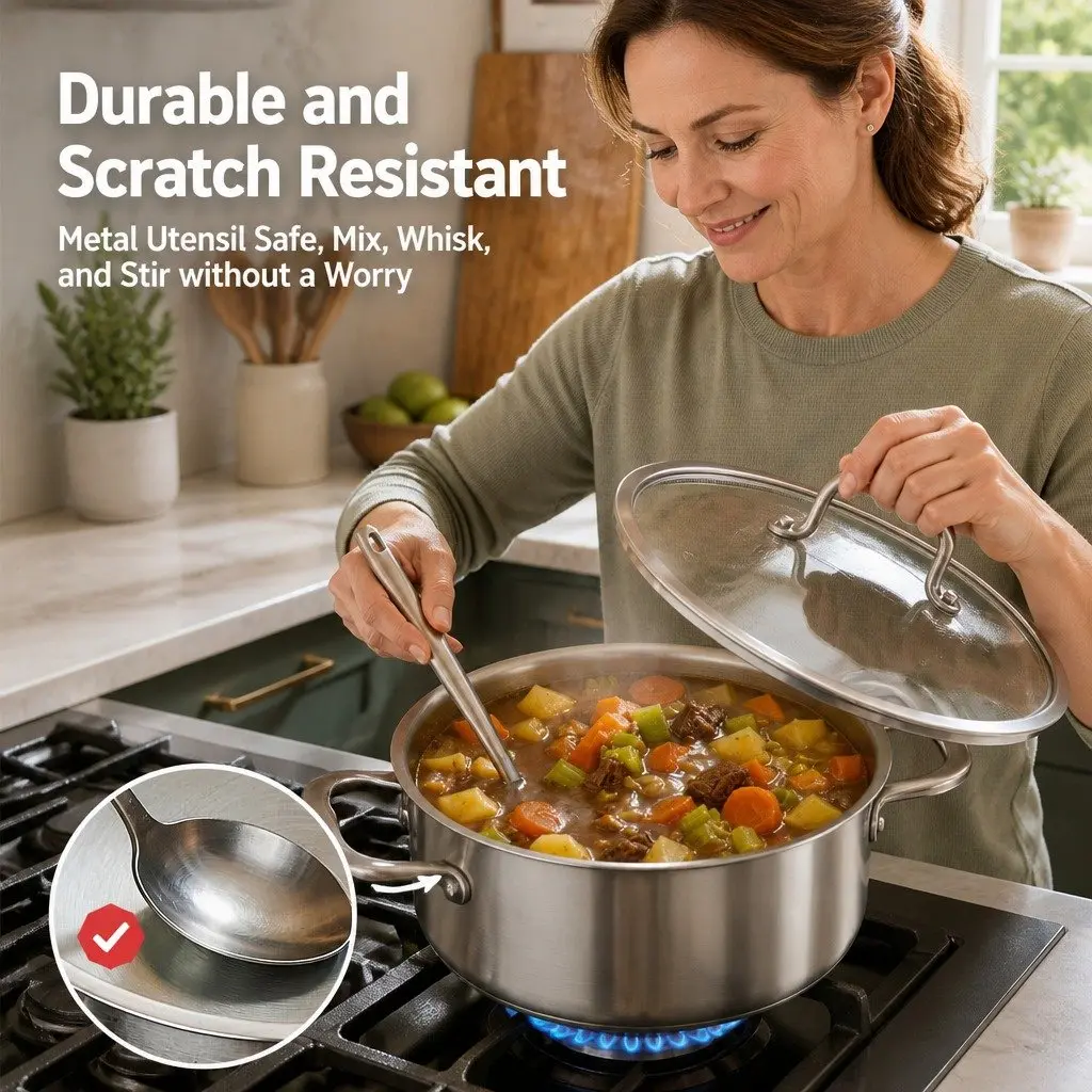 Dutch Oven Pot 4.5L Stainless Steel Cookware Stay-Cool Handle Silver