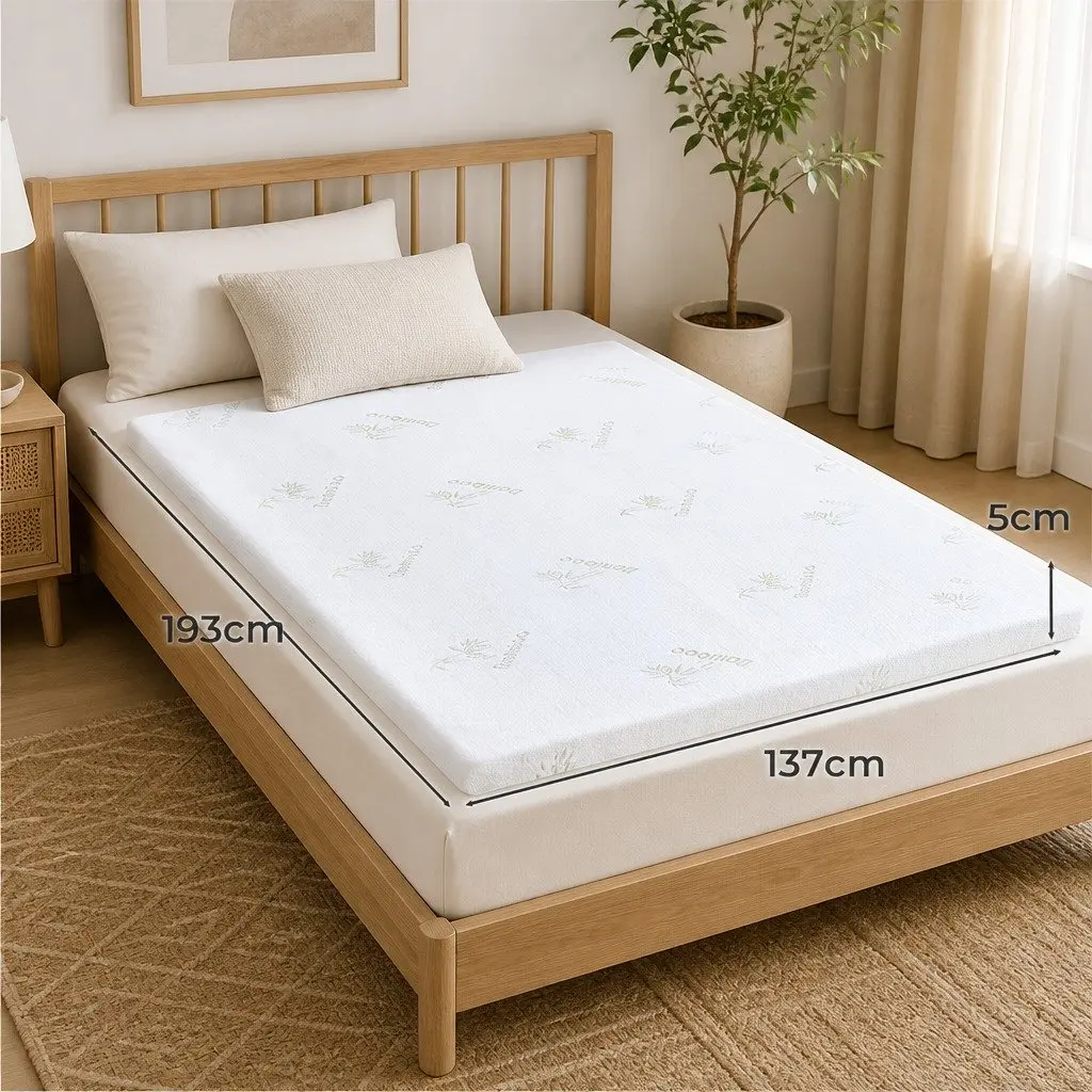 Memory Foam Mattress Topper Double Bed Cool Gel Infused 5cm Thickness Bamboo White and Blue