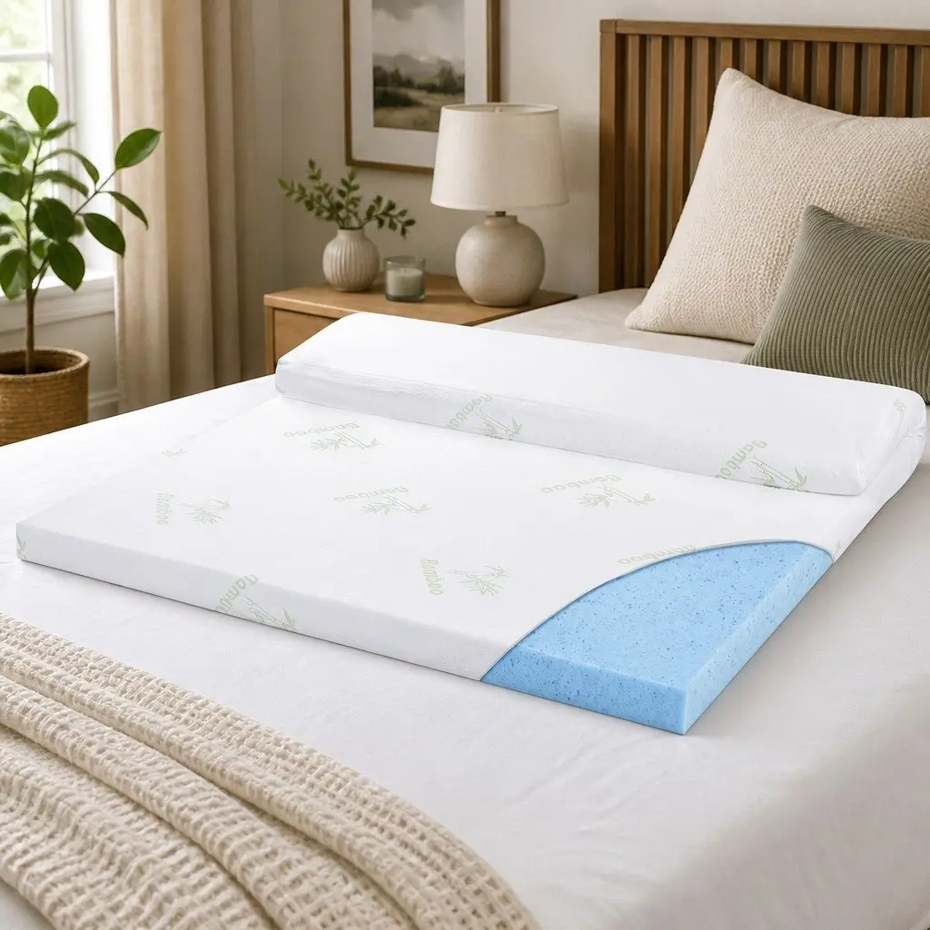 Memory Foam Mattress Topper Queen 5cm Cool Gel Infused Breathable White and Blue