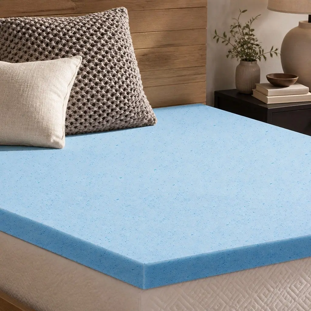 Memory Foam Mattress Topper Queen 5cm Cool Gel Infused Breathable White and Blue