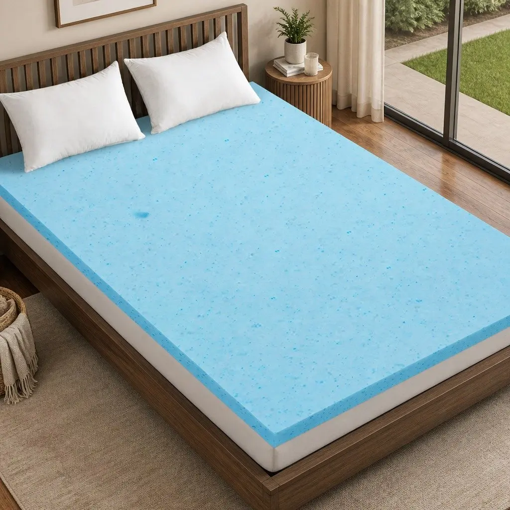 Memory Foam Mattress Topper Queen 5cm Cool Gel Infused Breathable White and Blue