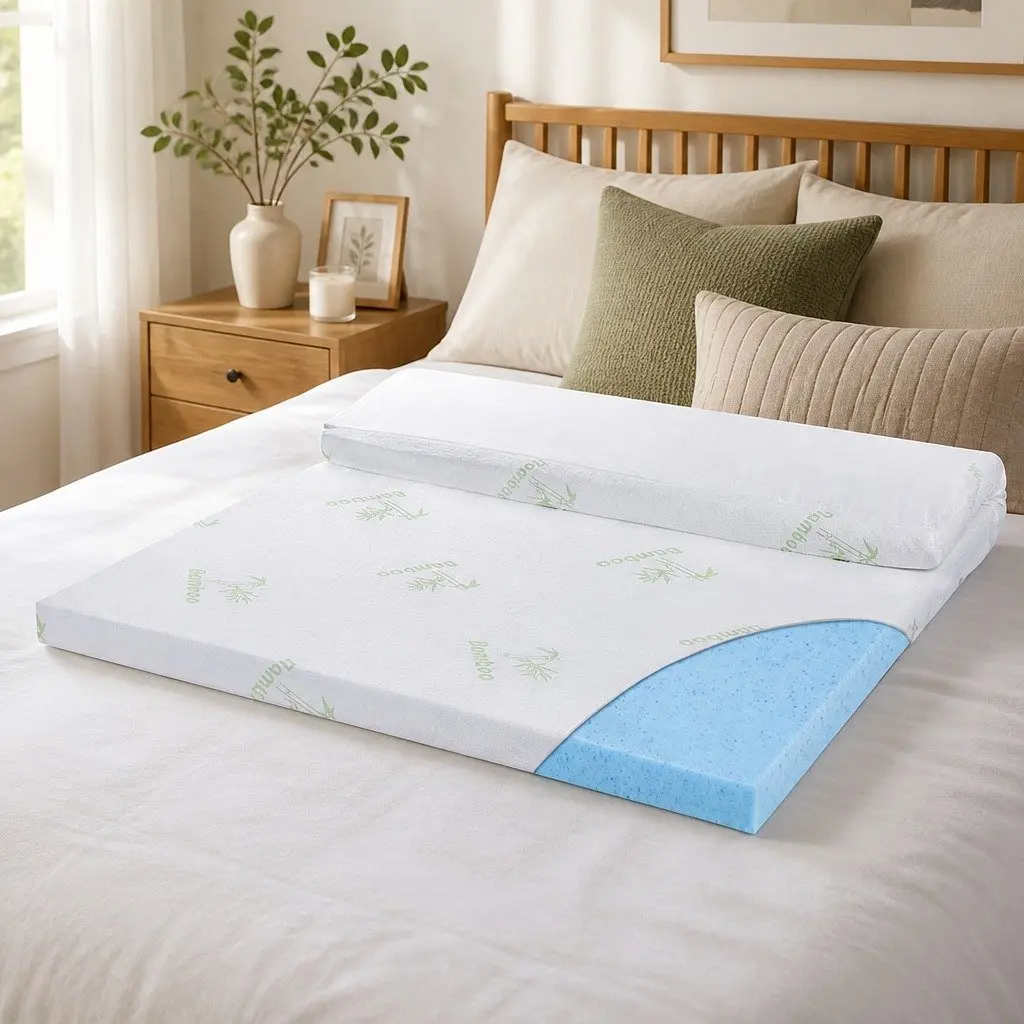 Memory Foam Mattress Topper Cool Gel 5cm Single Bed Cooling Pad White Blue
