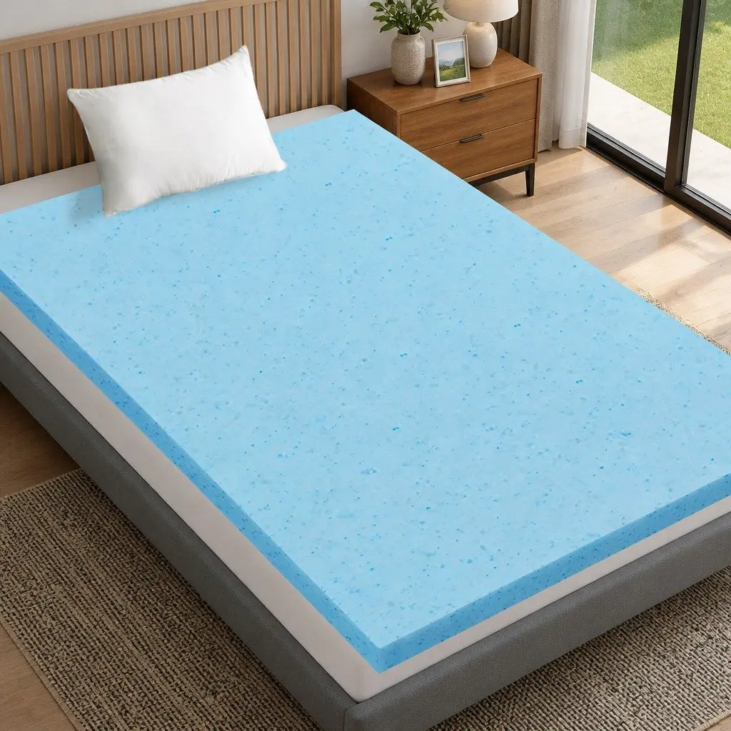 Memory Foam Mattress Topper Cool Gel 5cm Single Bed Cooling Pad White Blue