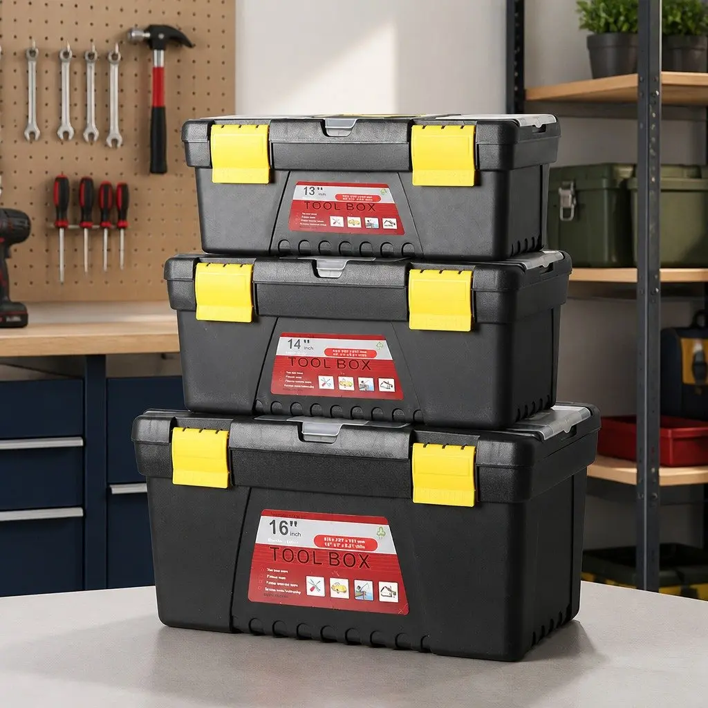 Toolbox Set Storage Heavy Duty Portable 3 Piece Organizer Black Yellow