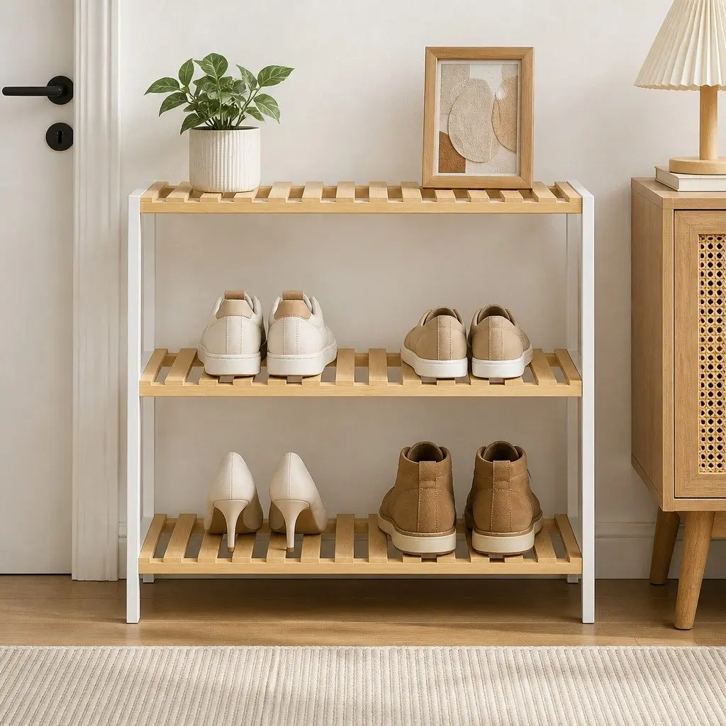 Bamboo Storage Rack 3 Tier Shelf Organiser White Natural Bamboo
