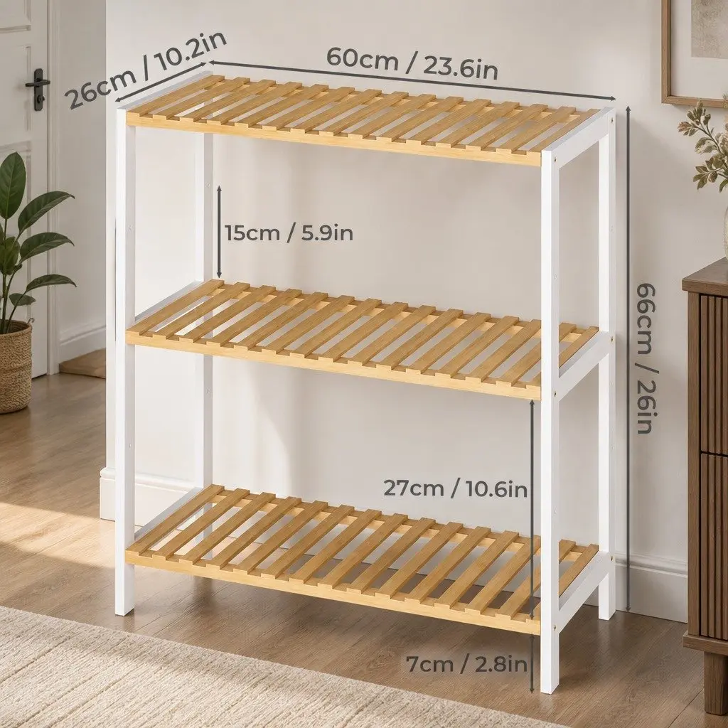 Bamboo Storage Rack 3 Tier Shelf Organiser White Natural Bamboo