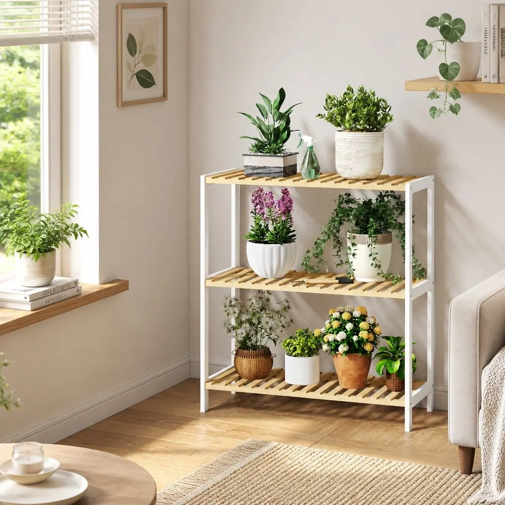 Bamboo Storage Rack 3 Tier Shelf Organiser White Natural Bamboo