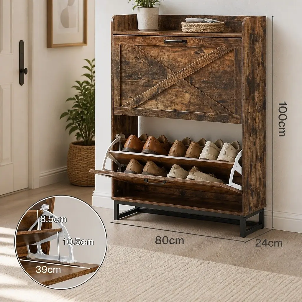 Shoe Cabinet Storage Organiser 2 Flip Drawers Adjustable Shelves Walnut