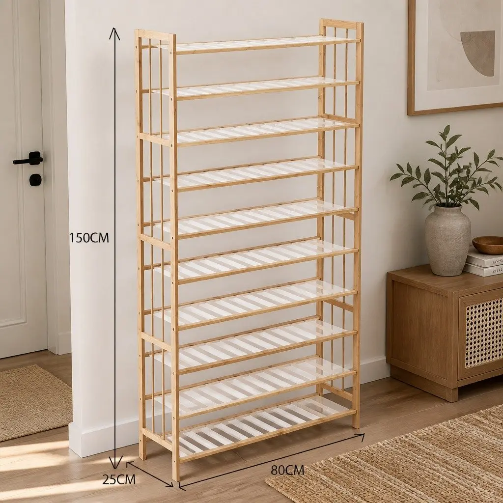 Bamboo Shoe Rack Storage 10 Tier 80cm Wide Wooden Organizer Natural