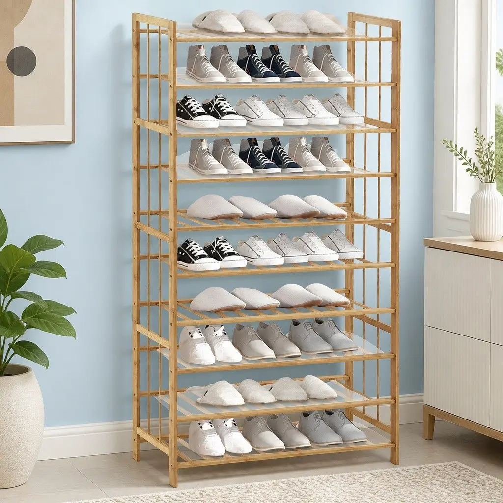Bamboo Shoe Rack Storage 10 Tier 80cm Wide Wooden Organizer Natural