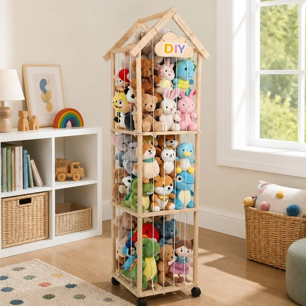 Kids Toy Storage Tower Organiser 150cm Open Shelving Natural Pine Wood with Wheels