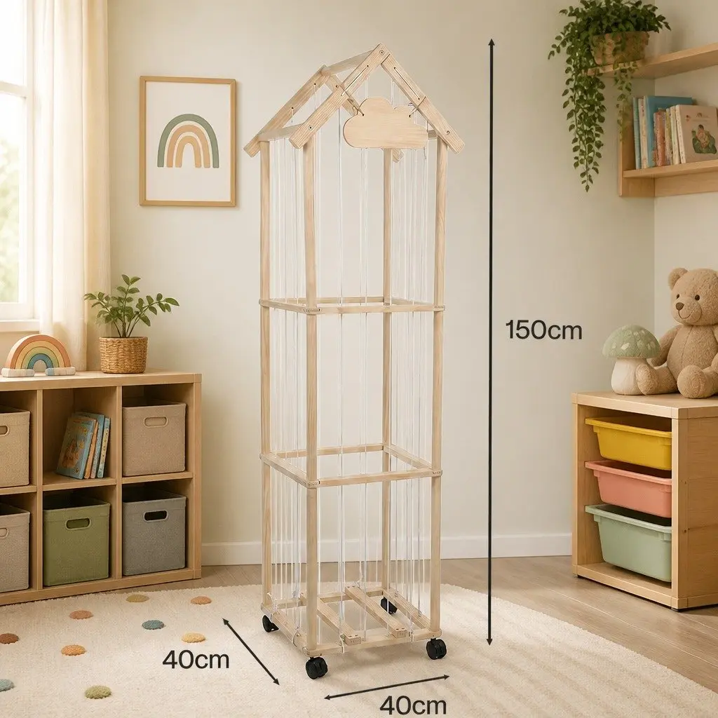 Kids Toy Storage Tower Organiser 150cm Open Shelving Natural Pine Wood with Wheels