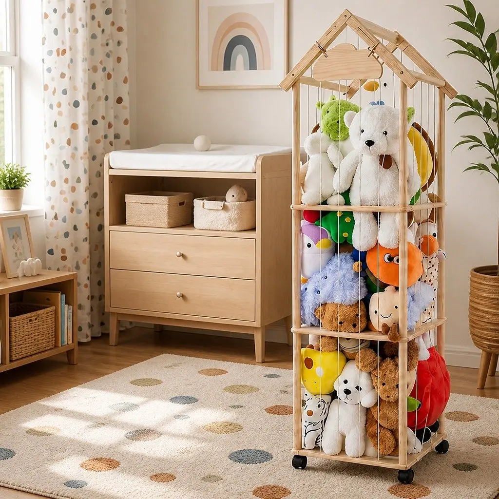 Kids Toy Storage Tower Organiser 150cm Open Shelving Natural Pine Wood with Wheels