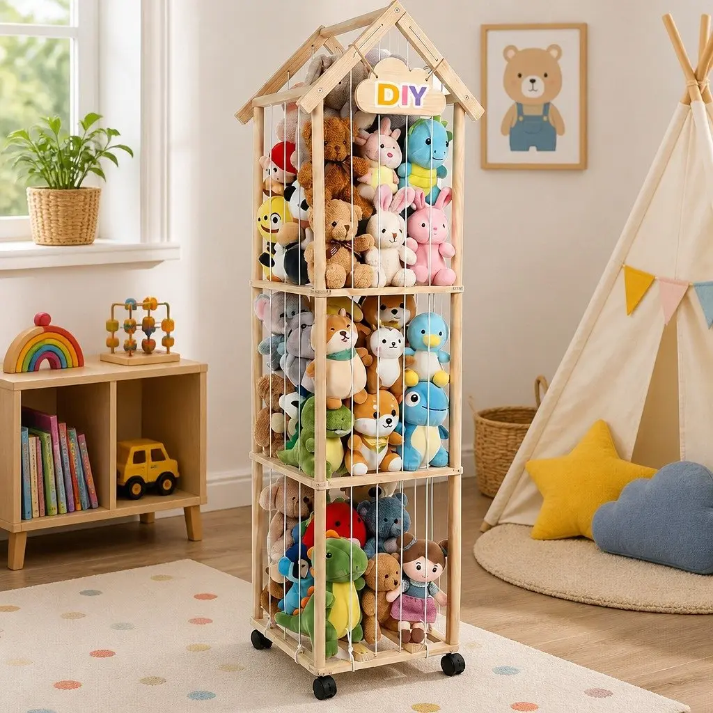 Kids Toy Storage Tower Organiser 150cm Open Shelving Natural Pine Wood with Wheels