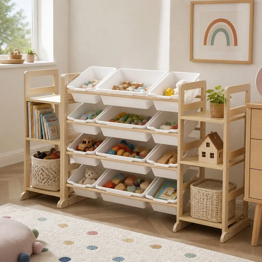 Kids Toy Storage Unit 12 Bins 6 Shelves Organiser Natural White