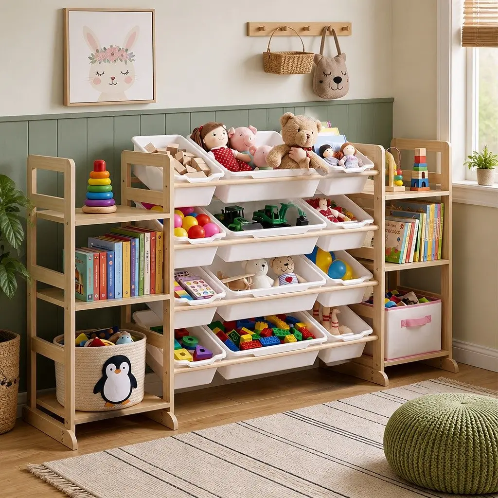 Kids Toy Storage Unit 12 Bins 6 Shelves Organiser Natural White
