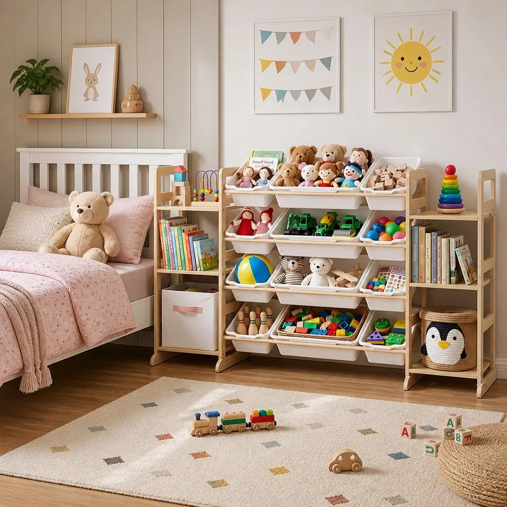 Kids Toy Storage Unit 12 Bins 6 Shelves Organiser Natural White