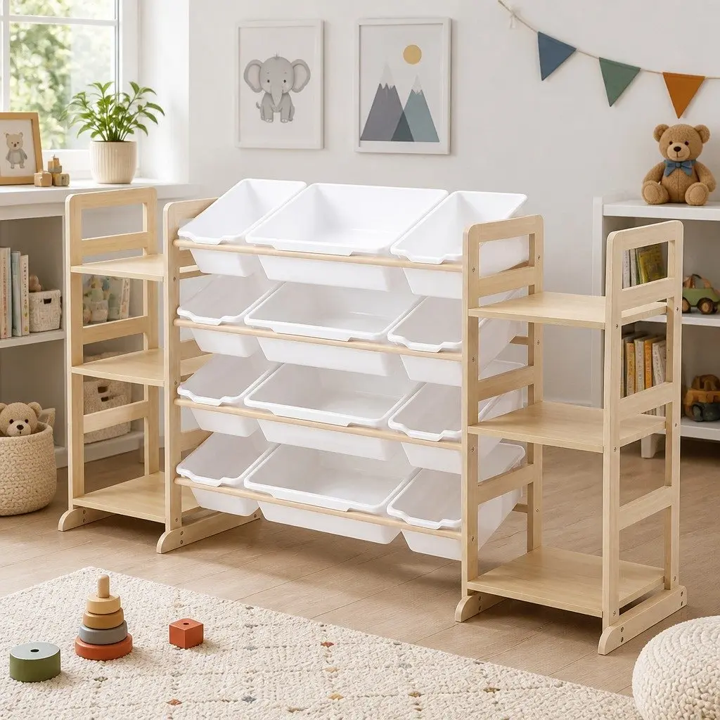 Kids Toy Storage Unit 12 Bins 6 Shelves Organiser Natural White