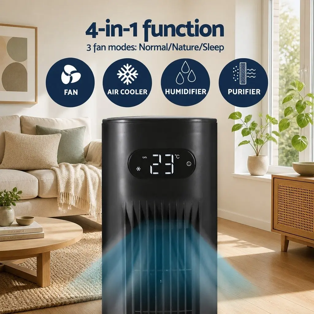 Evaporative Air Cooler 7L Water Tank 4-in-1 Fan Humidifier Purifier Black