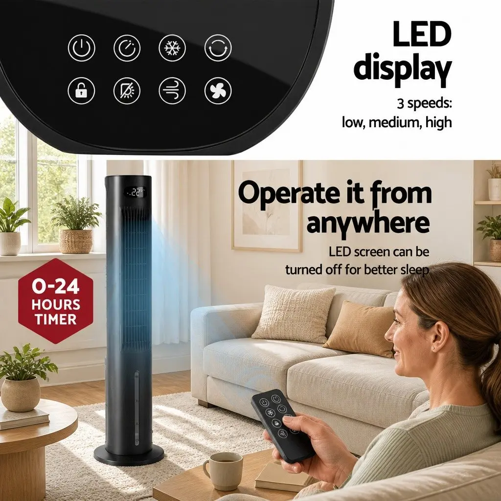 Evaporative Air Cooler 7L Water Tank 4-in-1 Fan Humidifier Purifier Black