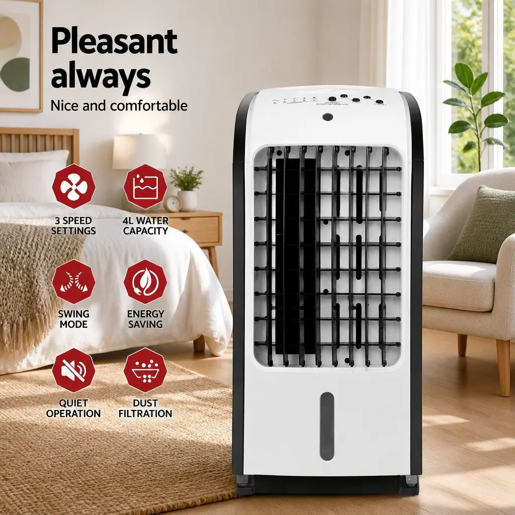 Evaporative Air Cooler 4L Tank Portable Cooling Fan Remote Control Black and White
